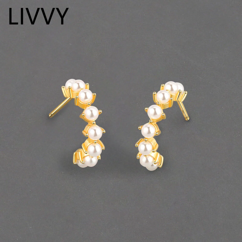 LIVVY New Fashion Silver Color Simple Arc-shaped Pearl Stud Earrings for Women Girls Fine Wedding Party Jewelry Gift