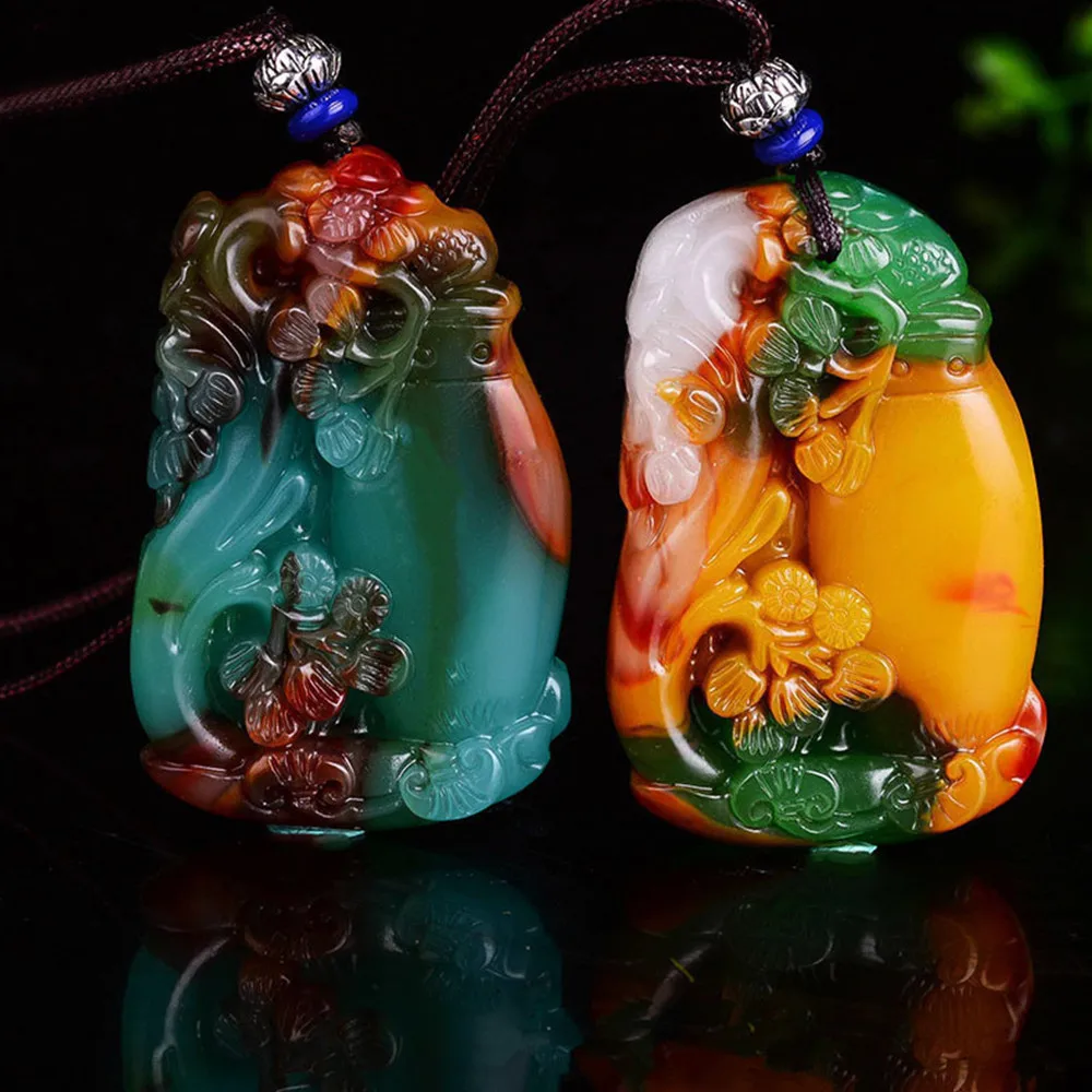 100% Real Natural Color Carving Pine Bamboo Plum Pendant Three-color Jadeite Jade Necklace Unisex Jewelry Accessories