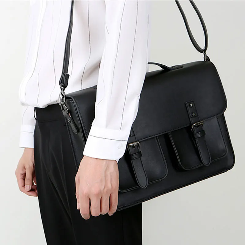 Men Shoulder Black PU Leather Bag Student Casual Portable Small Square Bag Large Capacity Messenger Crossbody Waterproof Bag Hot