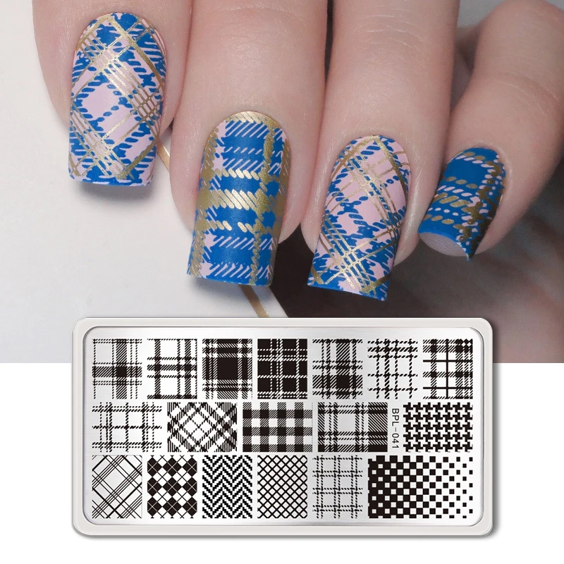 BORN PRETTY Rectangle Plaid Stripe Pattern Nail Stamping Plates Stamp Template Stainless Steel Nail Art  Printing Tool