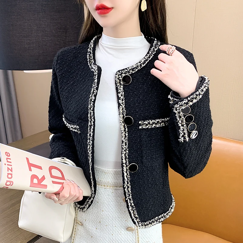 Frauen Einreiher Langarm Schwarz Tweed Woolen Kurze Jacke 2021New Herbst Winter Damen Klassische Oberbekleidung