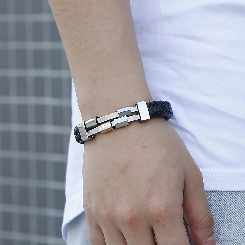 KALEN Double Layer Stainless Steel Bangles Men Hiphop/Rock Cowhide Leather Bracelets For Men Jewelry