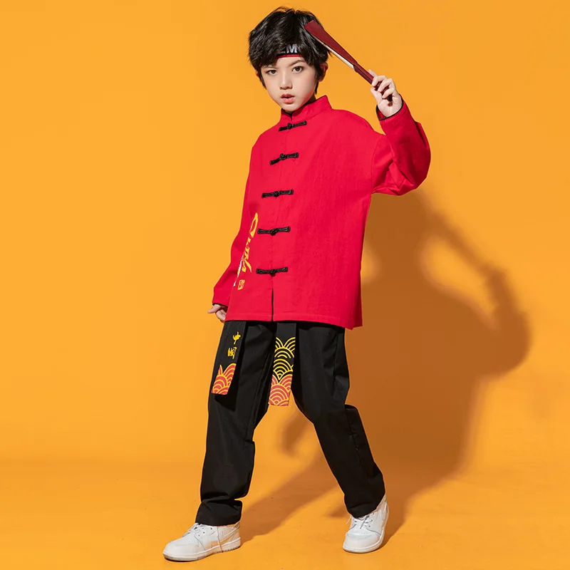 Chinese Traditional New Year Hanfu Red Shirt Top Black Pants Skirt for Girls Boys Stage Dance Performance Costume Clothes