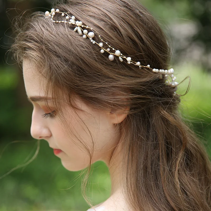 Simple Pearls Long Hair Vine Bridal Headband Gold Color Wedding Jewelry Handmade Women Hair Piece Accessories