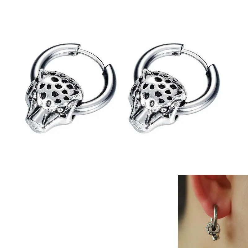 

2020 Fashion Leopard Head Circle Round Earrings Geometric Stainless Steel Drop Stud Earrings for Men Girls Jewelry