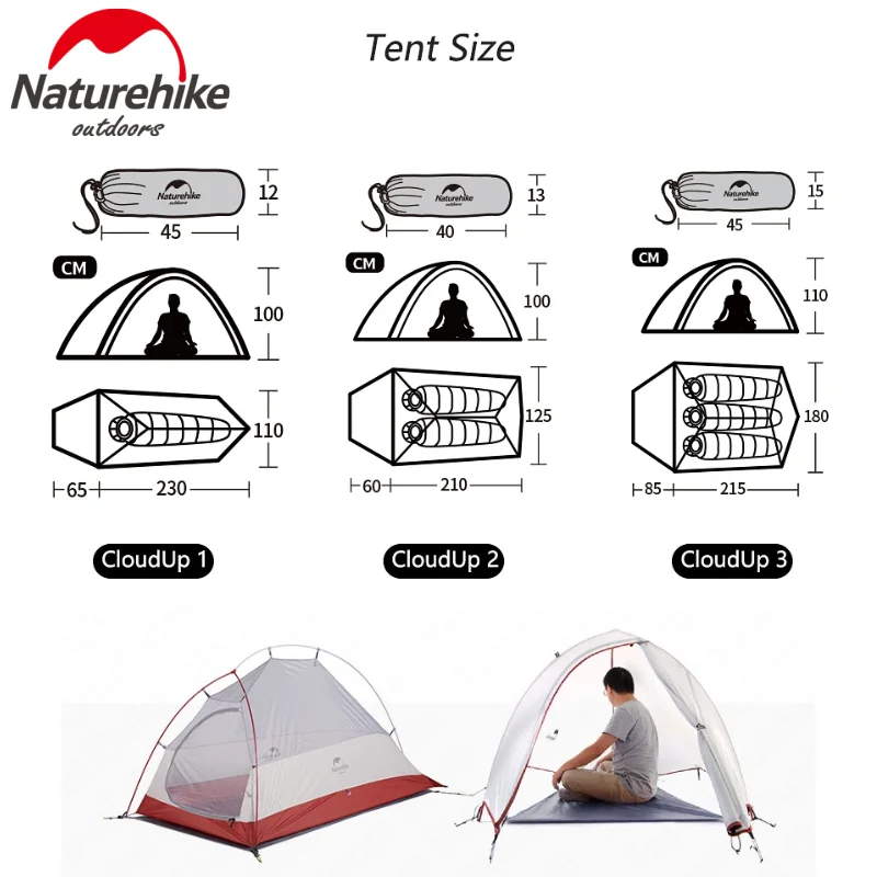 Naturehike Camping Tent Cloud Up 1 2 3 Upgraded Ultralight Waterproof Outdoor Hiking Nylon Tent Backpacking Tents With Free Mat