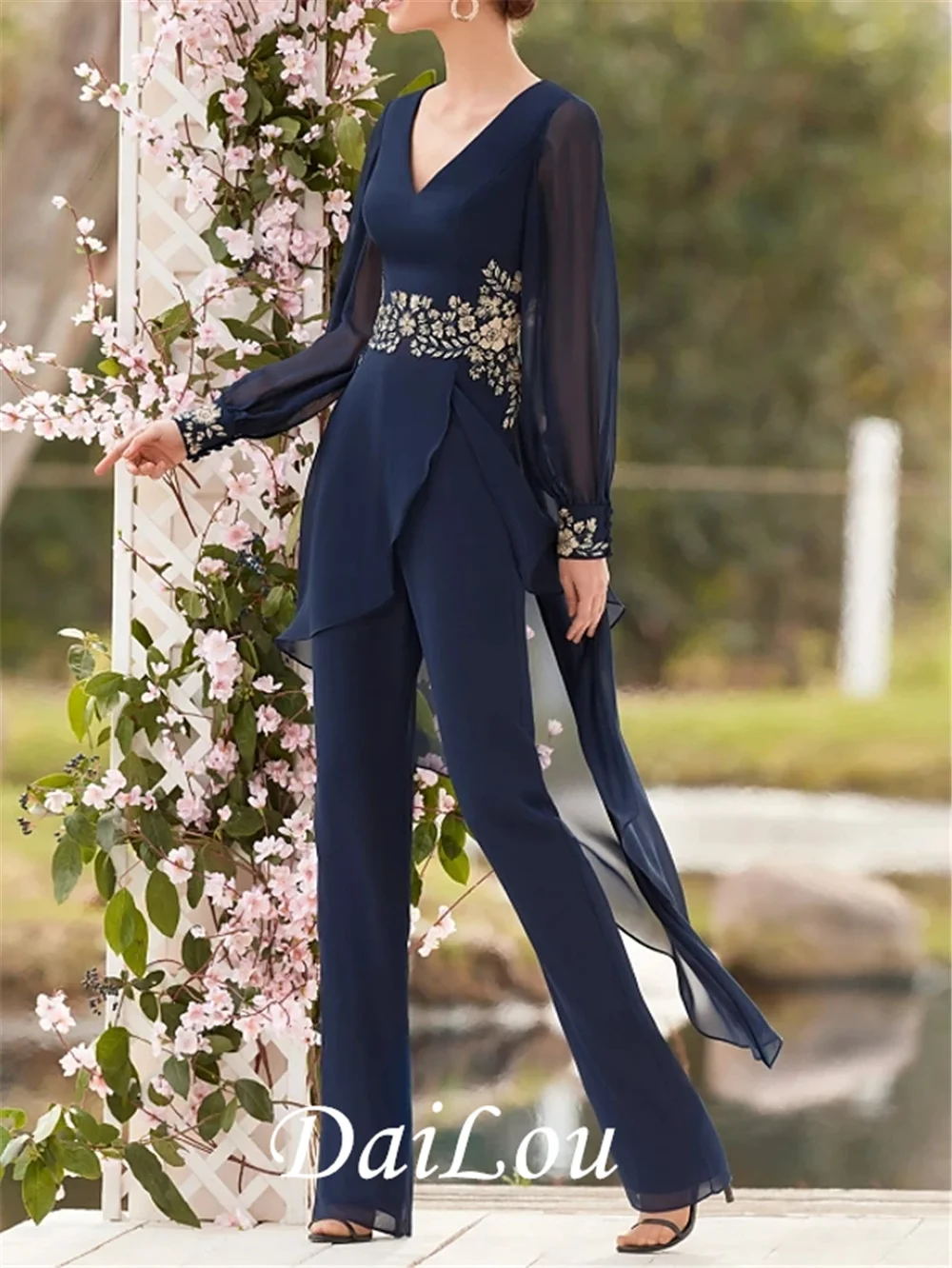 Pantsuit/macacão mãe da noiva vestido elegante decote em v até o chão chiffon renda manga comprida com apliques 2022