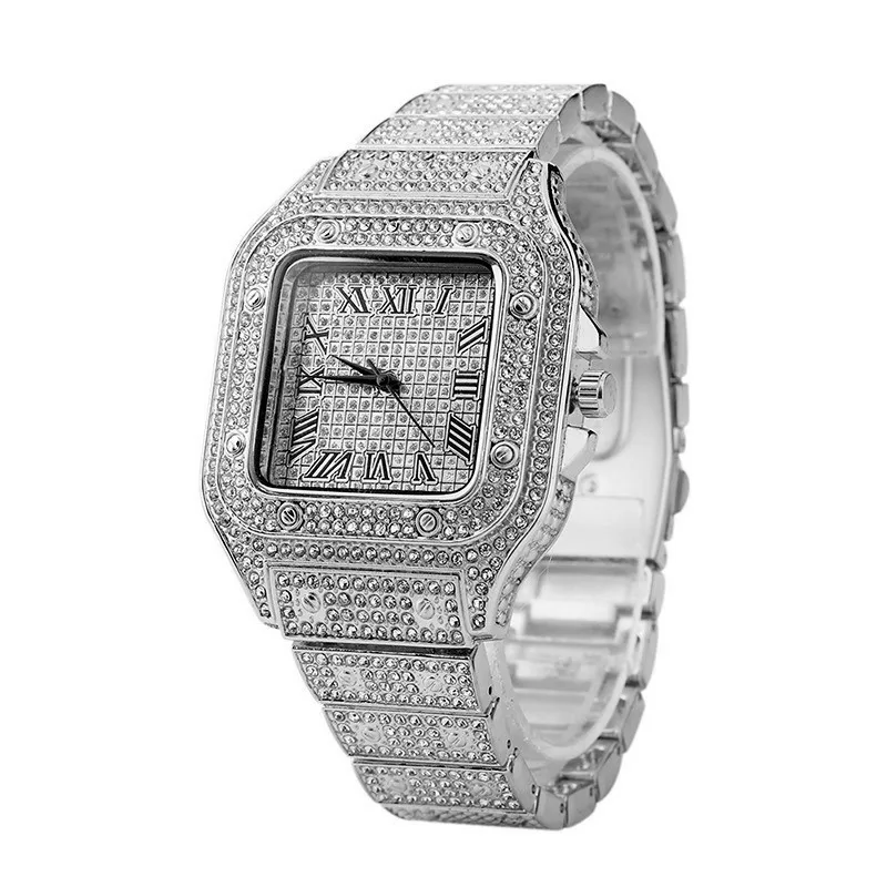 Nuevo reloj Iced Out para hombres y mujeres, relojes de pulsera cuadrados con diamantes negros y números de cuarzo de lujo, relojes de pulsera de