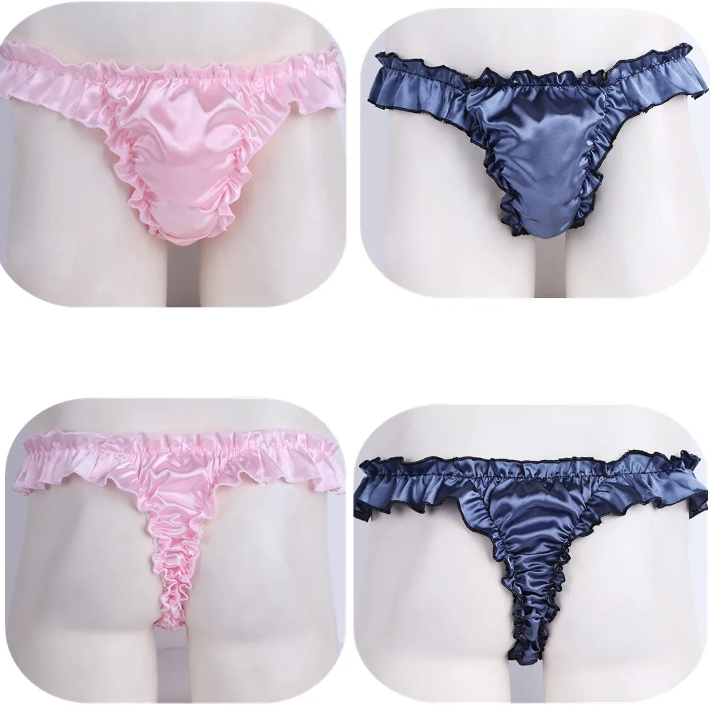 Men\'s Ruffled Panties Shiny Satin Sissy Lingerie Underwear Exotic G-string Ruffle Lace Briefs