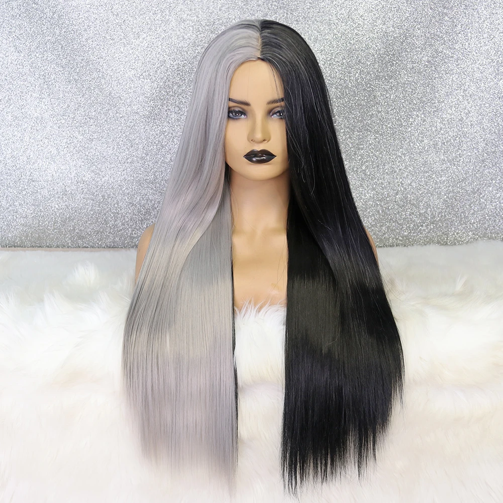 

Half Black Half Grey Synthetic Wig Heat Resistant Middle-Part Glueless Drag Queen Cosplay Wigs For Women Oley Hiar 180%