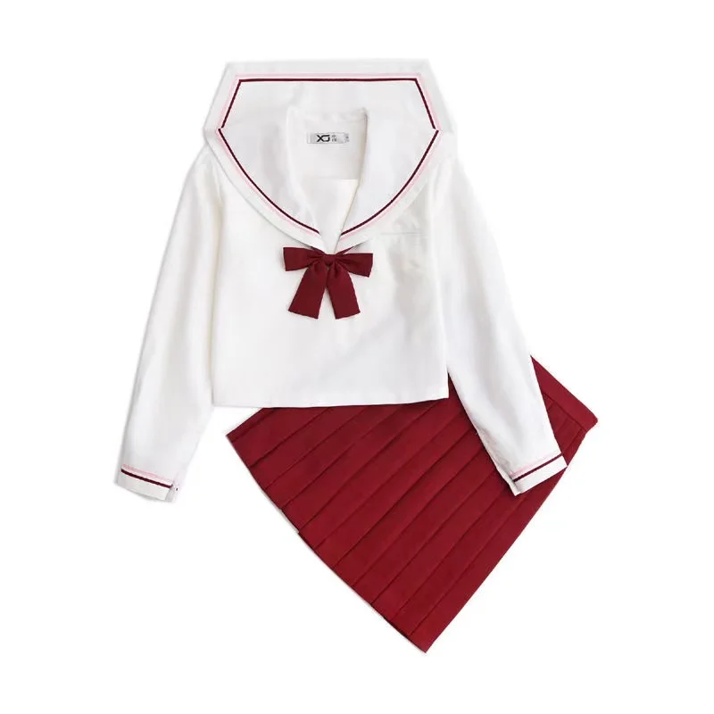 New School Uniforms For Girls JK Japanese Red White Sailor Uniform Cosplay School Class Long Sleeve Suits Sakura Design Sets