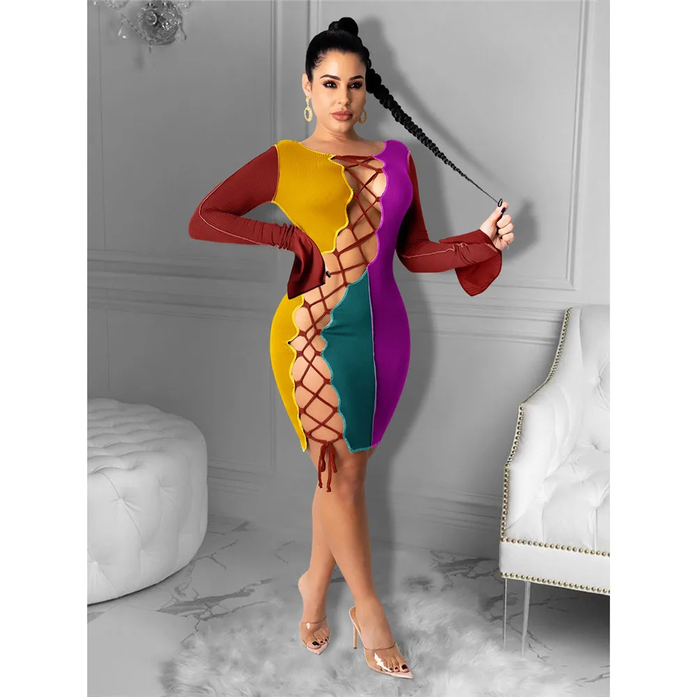 Sexy Hollow Out Bandage Bodycon Dress Club Party Dresses for Women Festival Clothing Long Sleeve Sheath Brithday Christmas Dress