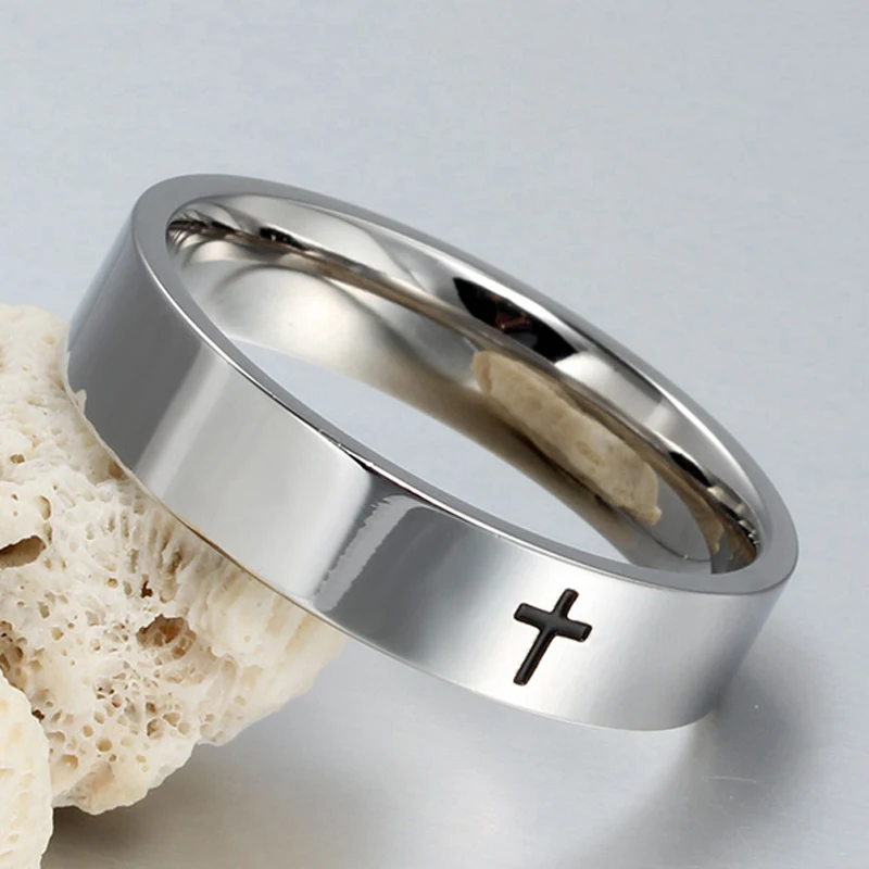 51JEWELRY 6mm Stainless Steel Cross Ring Christian Jesus Christ Lord Prayer for Men and Women