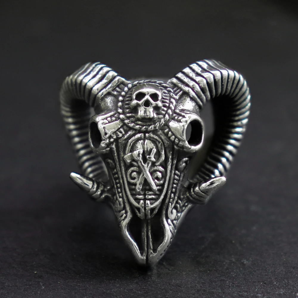 EYHIMD Evil Sacrifice Sorcerer Goat Head Mask Skull Rings Mens Punk Rock 316L Stainless Steel Ring Demon Biker Jewelry