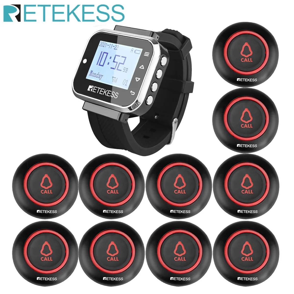 Retekess Restaurant Pager Wireless Calling System 7 Languages TD110 Watch Receiver +10 TD019 Call Buttons For Hookah Bar Cafe