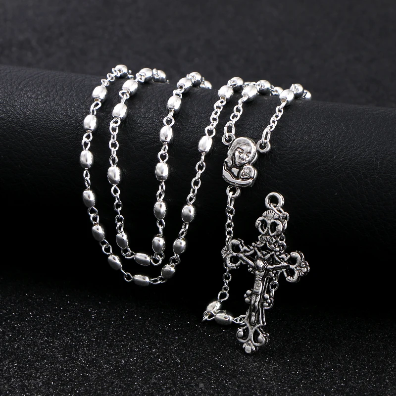 KOMi Religious Catholic Metal Rosary Small Beads Necklace Men Women Jesus Cross Pendant Chains Prayer Jewelry Gift Collana R-396