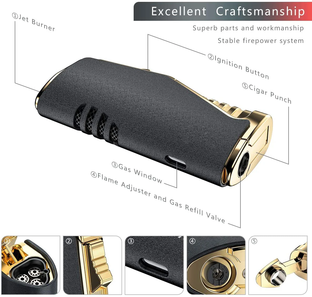 Jobon Metal Triple Torch Jet Lighter With Cigar Cutter Windproof Blue Flame Gadgets For Men Gift Without Gas