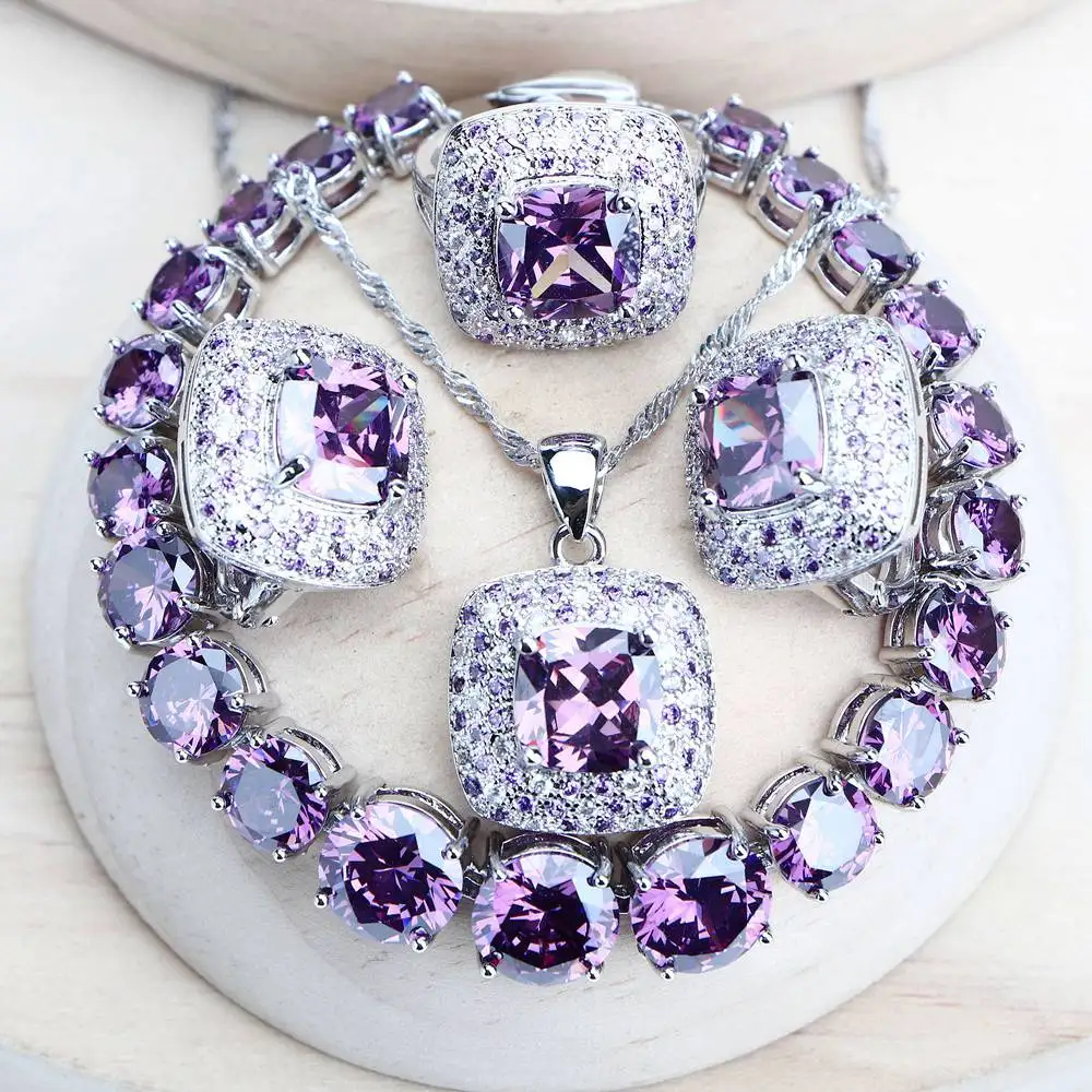 NONE Lila Zirkonia Damen Brautschmuck Sets Silber 925 Feiner Modeschmuck Hochzeit Ohrringe Ringe Armbänder Anhänger Halskette 6
