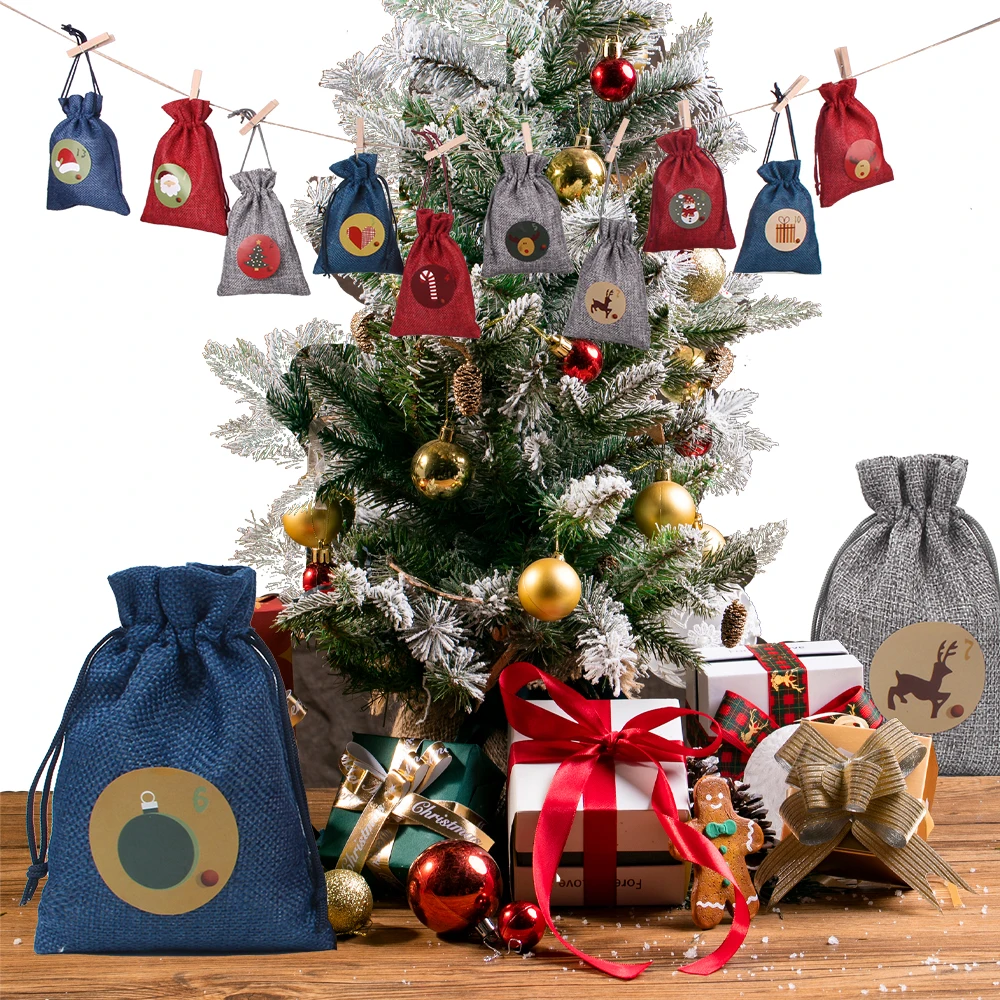 24 teile/satz Weihnachten Advent Tasche Kalender Tage Beutel DIY Zahlen Tasche Candy Lagerung Tasche Geschenk Tasche Kann Angepasst Logo