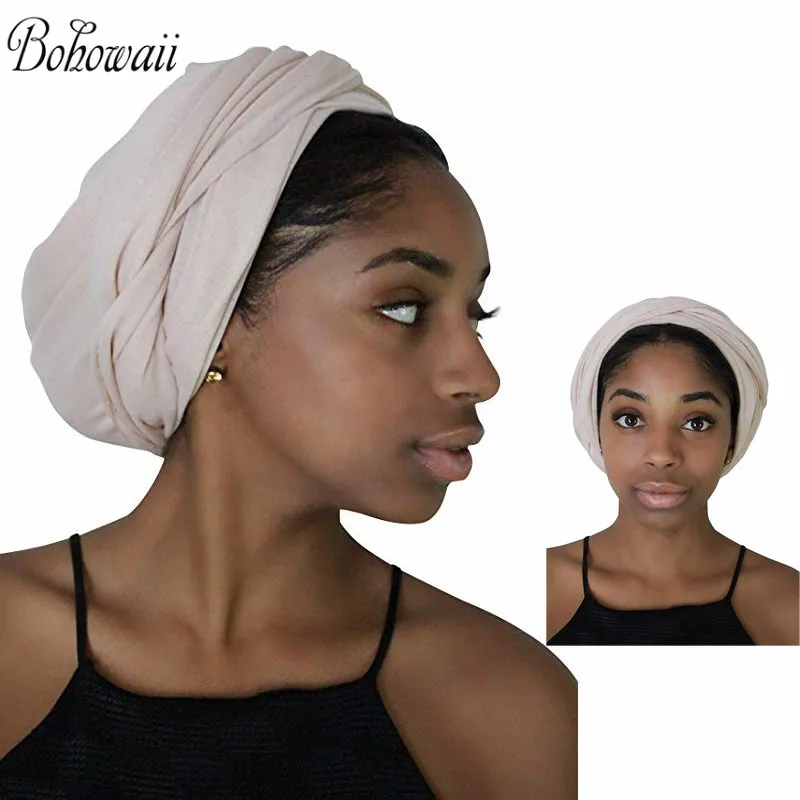 BOHOWAII Casual Jersey Turbante Solid Color Head Wrap -Stretch Long Hair Scarf Turban Tie Bonnet Hijab Scarves 180x80cm Tulband