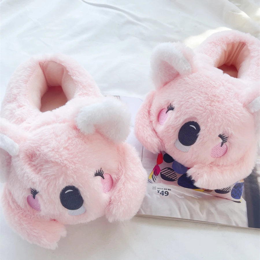 Long Plush Slippers Cute Animal Home Cotton Shoes Woman Girl Warm Winter Indoor Floor Shoes Flat Casual Non-slip Pink Grey