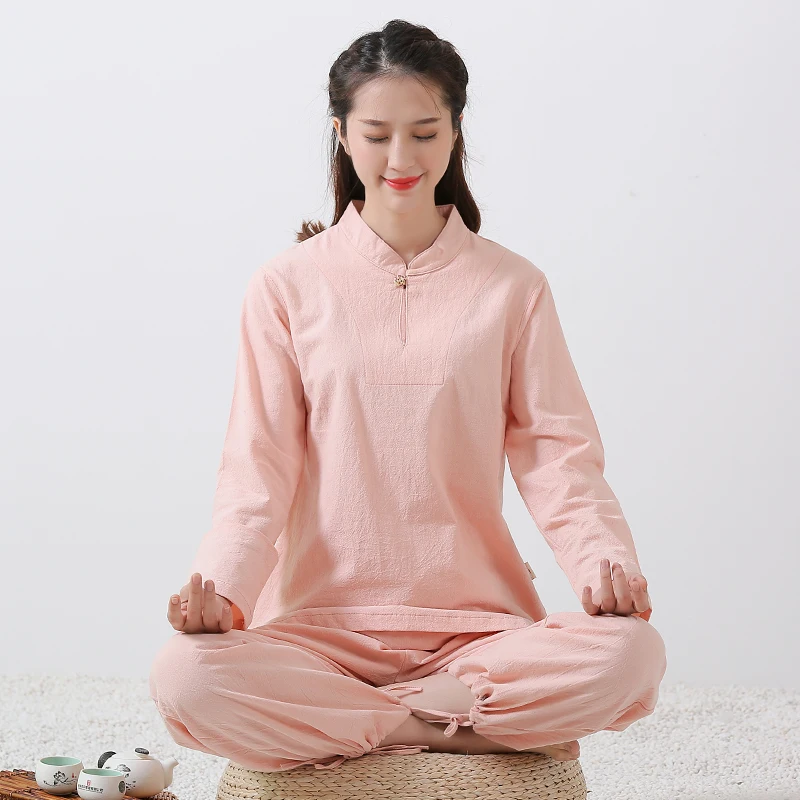 Uniforme de Yoga chinois en coton et lin pour femmes, vêtements de Tai Chi Wushu, Costume de Kung Fu pour femmes, solide, Costume Tang 2 pièces