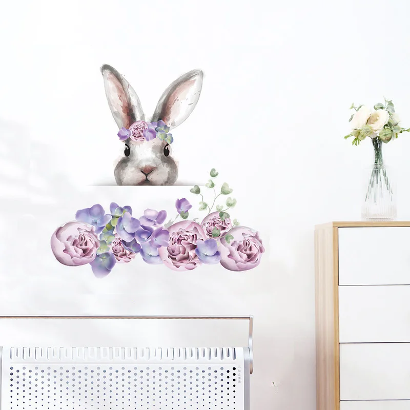 Cartoon Bunny Flowers Wall Sticker Bedroom Background Decoration Wallpaper Living Room Cupboard Home Decor Self-adhesive Decals
