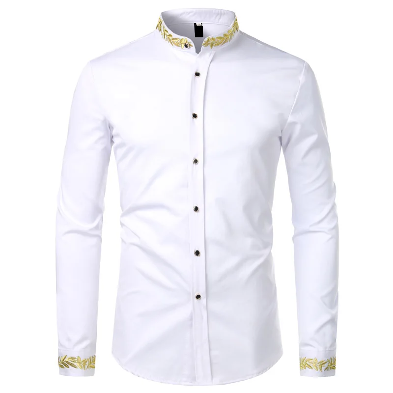 Schwarz Gold Stickerei Hemd Männer 2022 Frühjahr Neue Herren Kleid Shirts Stehkragen Button Up Shirts Chemise Homme Camisa Masculina