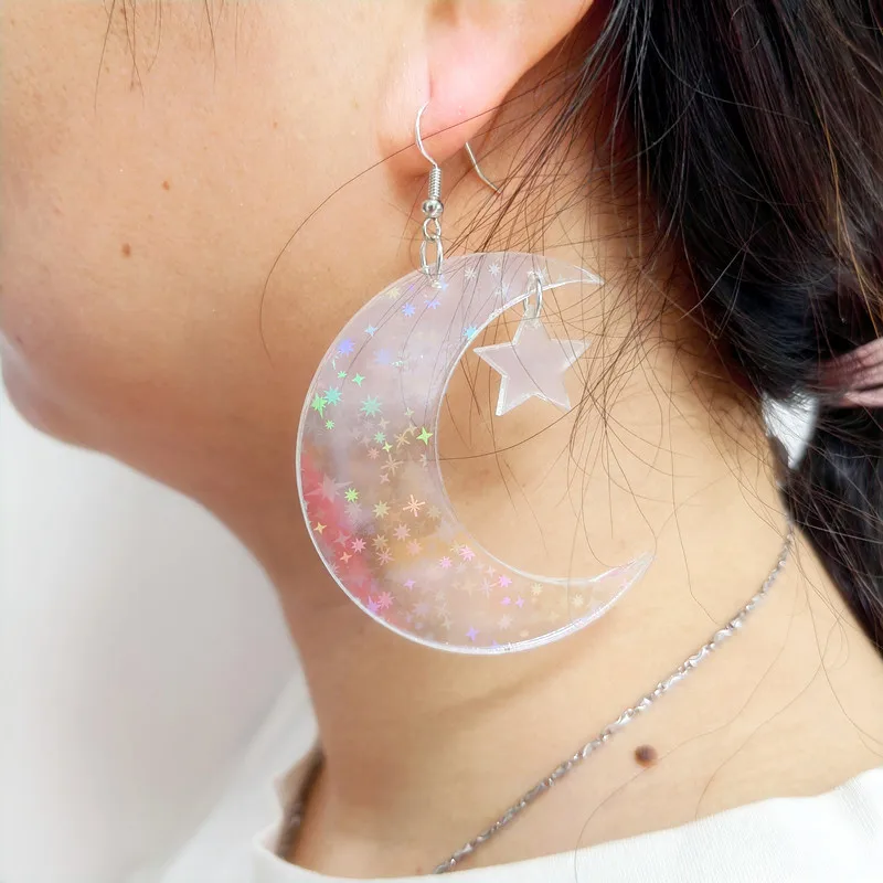 KUGUYS Glitter Kittens Star Moon Cat Earrings for Women Iridescence Acrylic Trendy Jewellery Cute Girls Accessories