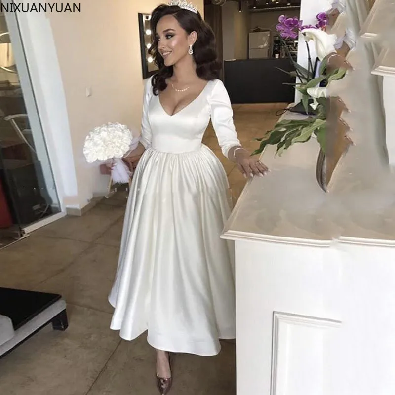 

V-neck Short Wedding Dress Three Quarter Sleeve White Ivory Satin A-line Ankle Length Bride Gowns Backless Beach Wedding Gown