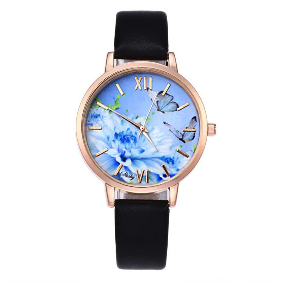 Shsby Brand Flowers Cowhide Leather Strap WristWatches Fashion Ladies Quartz Watch Women Dress Watches Femme Gold Casual Watch