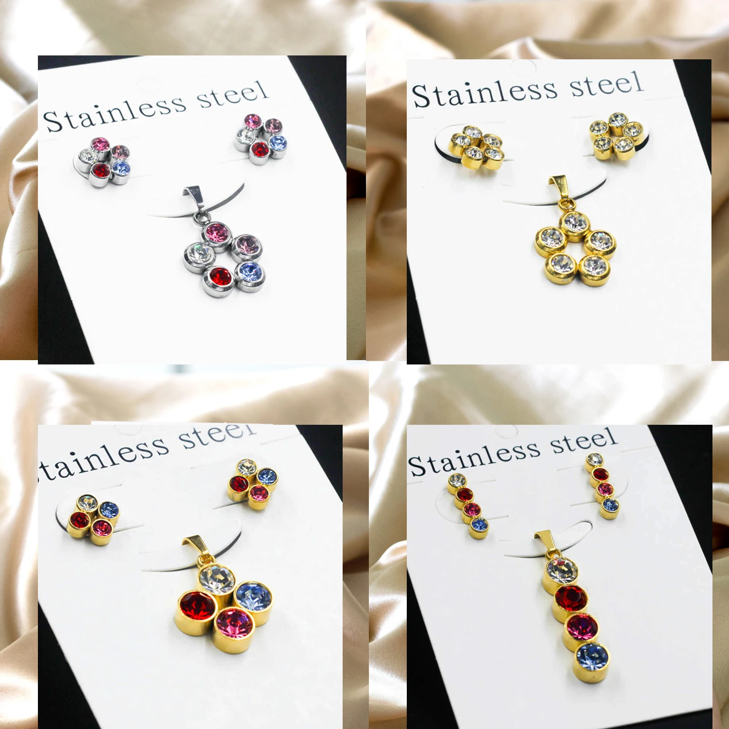 Flower Cubic Zirconia Plant Jewelry Set Pendant Necklace Earrings For Women Stainless Steel Fashion Jewelry Wholesale