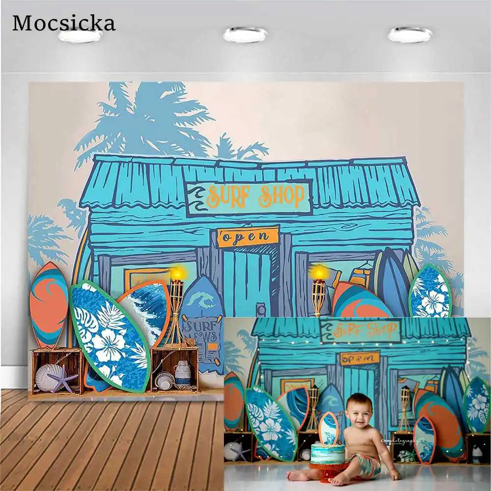 

Mocsicka Newborn Photography Backdrops Beach Blue Wood House Child Birthday Background Decoration Skateboard Palm Tree Photocall