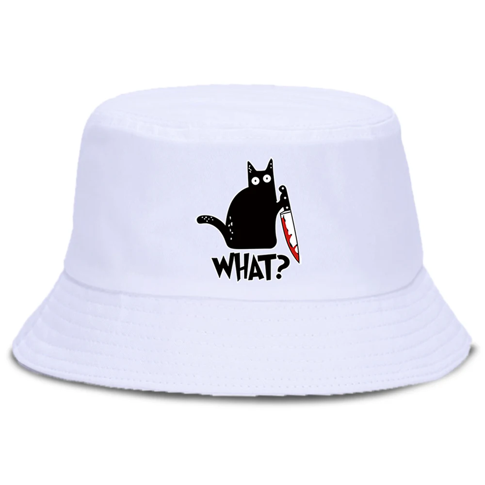 Little Black Cat And Knife Funny Letter Men\'S Panama Hat Unisex Fashion Bucket Hats For Man Casual Cotton Women Fisherman Caps