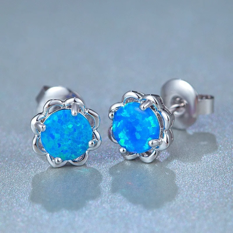 Women Earrings Fashion Blue Imitation Fire Opal Flower Stud Earrings For Women Vintage Jewelry Accessories Birthday Girl Gift image 5