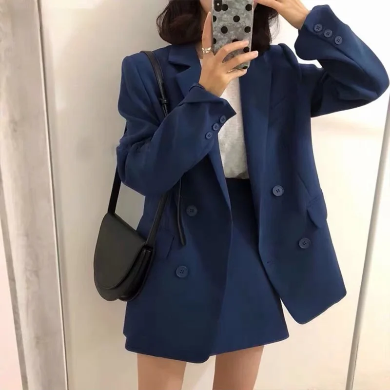 

Ladies Skirt Suits Double Breasted Jackets High Waist A-Line Mini Skirts Elegant Women 2 Pieces Blazer Sets