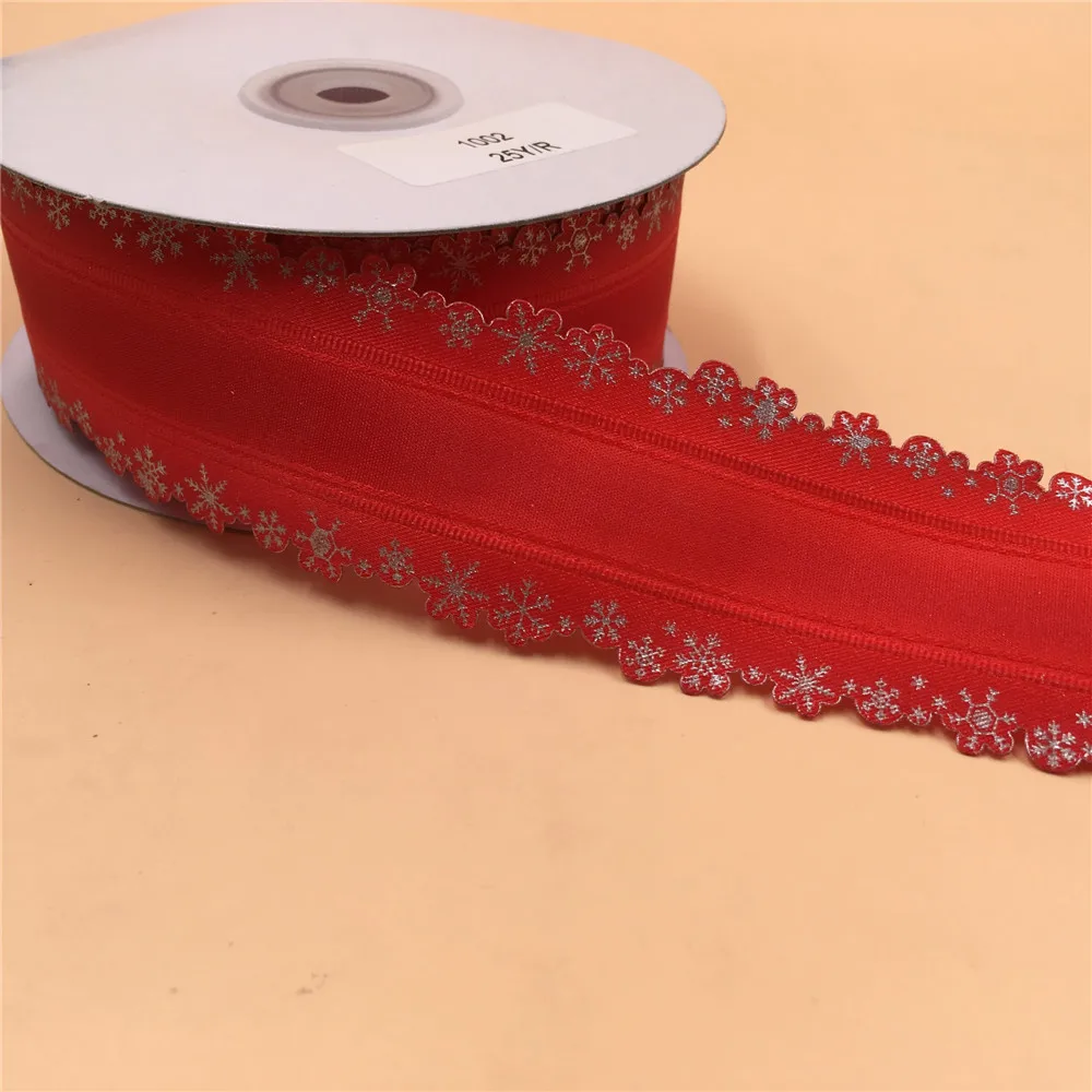 

38mm 25Yards Red Ribbon with Silver Snowflake Edge Wired for Christmas Webbing Decoration New Year Gift Wrapping 1-1/2"