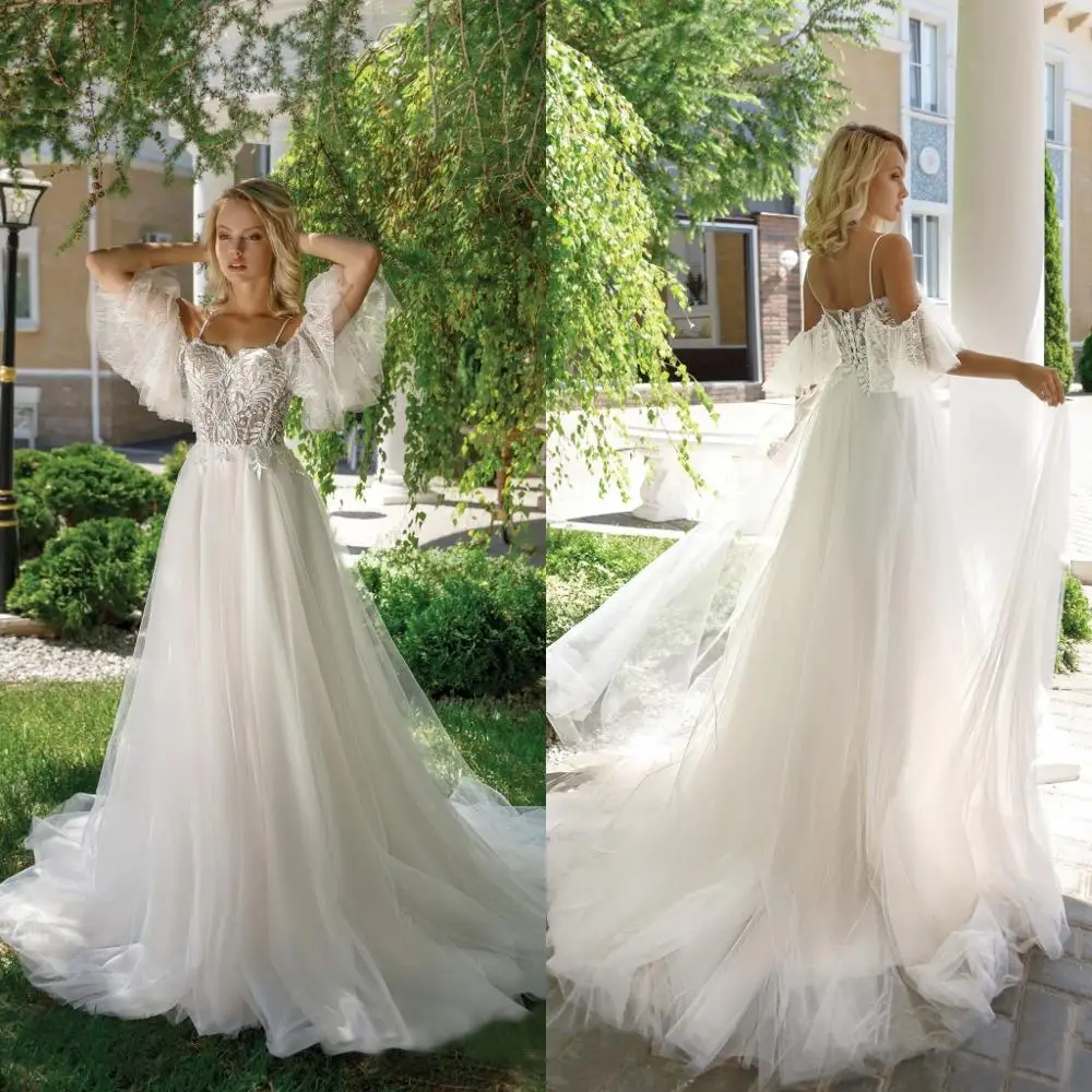 2020 Abiti Da Sposa Cinghie di Spaghetti Del Merletto Appliques Abiti Da Sposa Custom Made Lace-up Indietro Sweep Treno UNA Linea di abiti di Nozze vestito