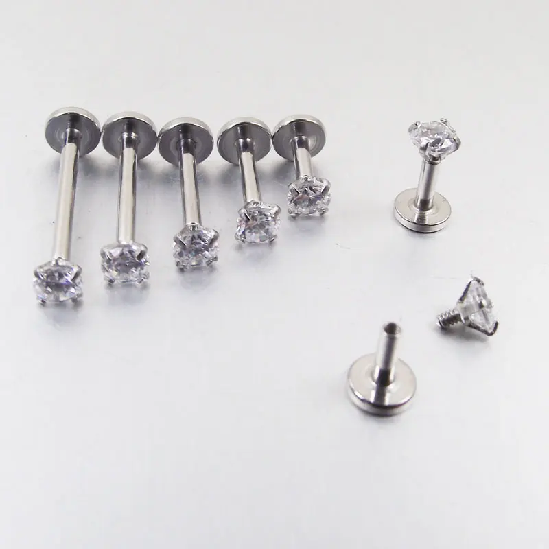 4mm Length Stainless Steel Internally Threaded Prong Top Gem Labret  Lip piercing Zircon Stone Tragus Ear Piercing Body Jewelry