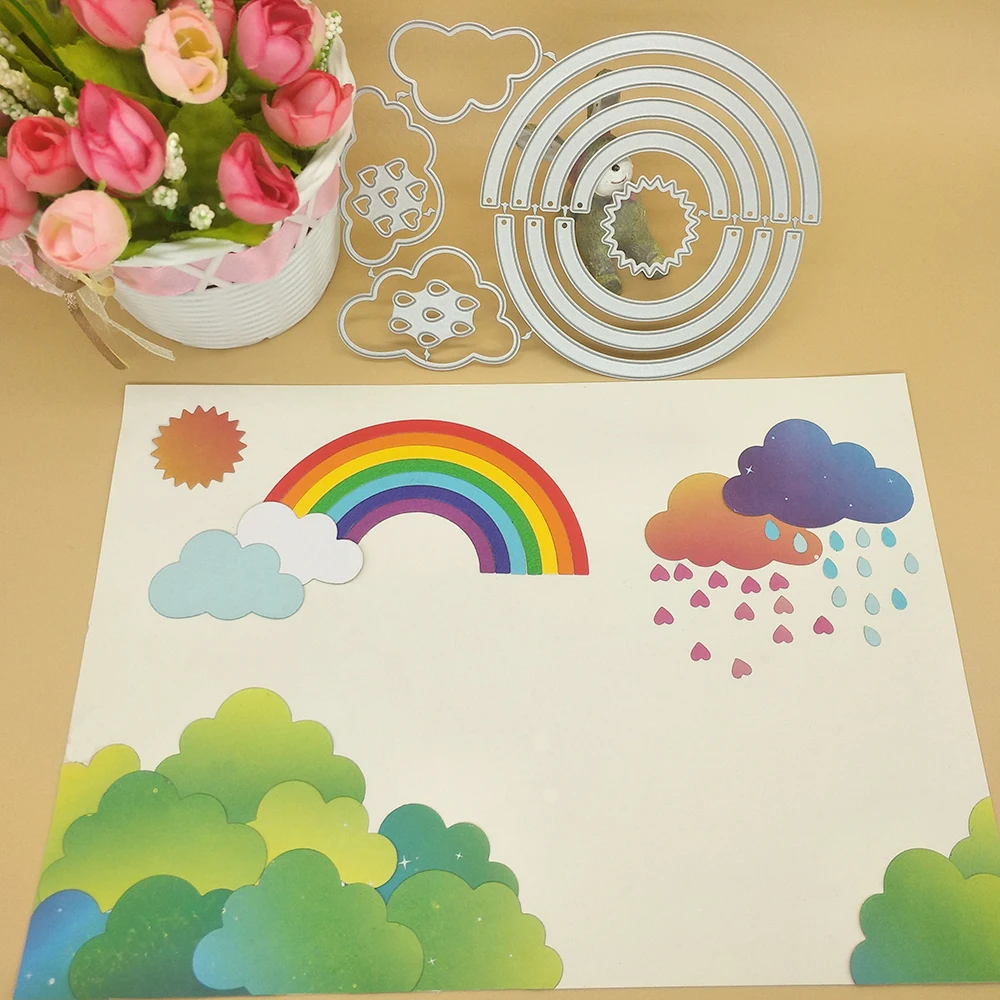 

Rainbow clouds, sunshine, raindrops, metal cutting molds, scrapbooking, photo album decoration, DIY handmade art