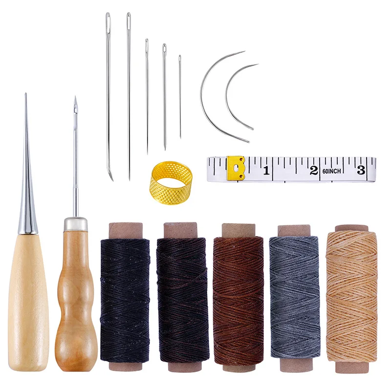 

Leather Sewing Tool Kit with Waxed Thread Leather Needle Sewing Awl Thimble Leather Working Tools for Shoemaker Canvas Repair