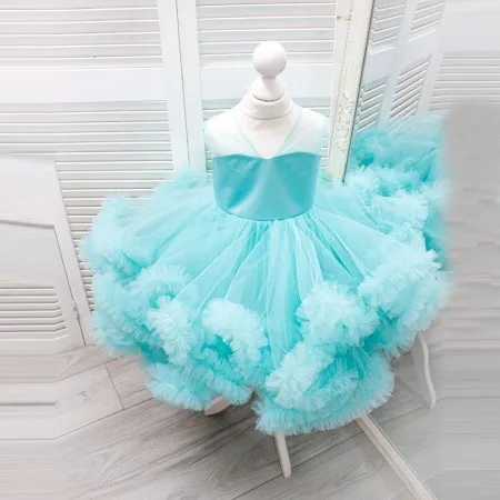 

Cute Extra Puffy Light Sky Blue Kids Tulle Dresses Ruffles Ball Gown V Neck Sleeveless Birthday Party Photo Shoot Gown