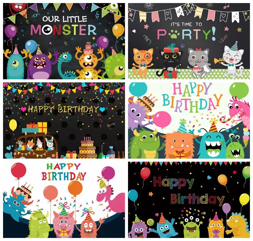 Laeacco Little Monster Newborn Backdrops Colorful Flags Balloons Stars Custom Birthday Photography Backgrounds For Photo Studio