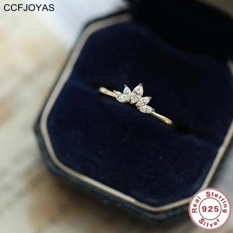 CCFJOYAS 925 Sterling Silver Crown Thin Rings Japanese simple Crystal Zircon Ring 14k Gold Plated Wedding Party Jewelry Gift