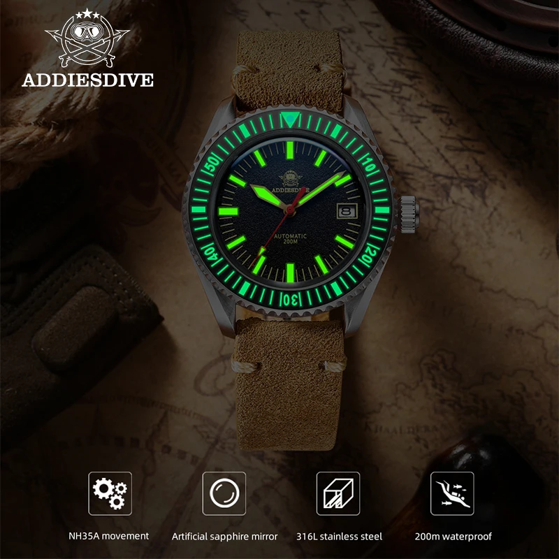 ADDIESDIVE Men Retro Watch 200m waterproof Brown Leather Strap C3 Super Luminous NH35 Movement Automatic Mechanical Watch