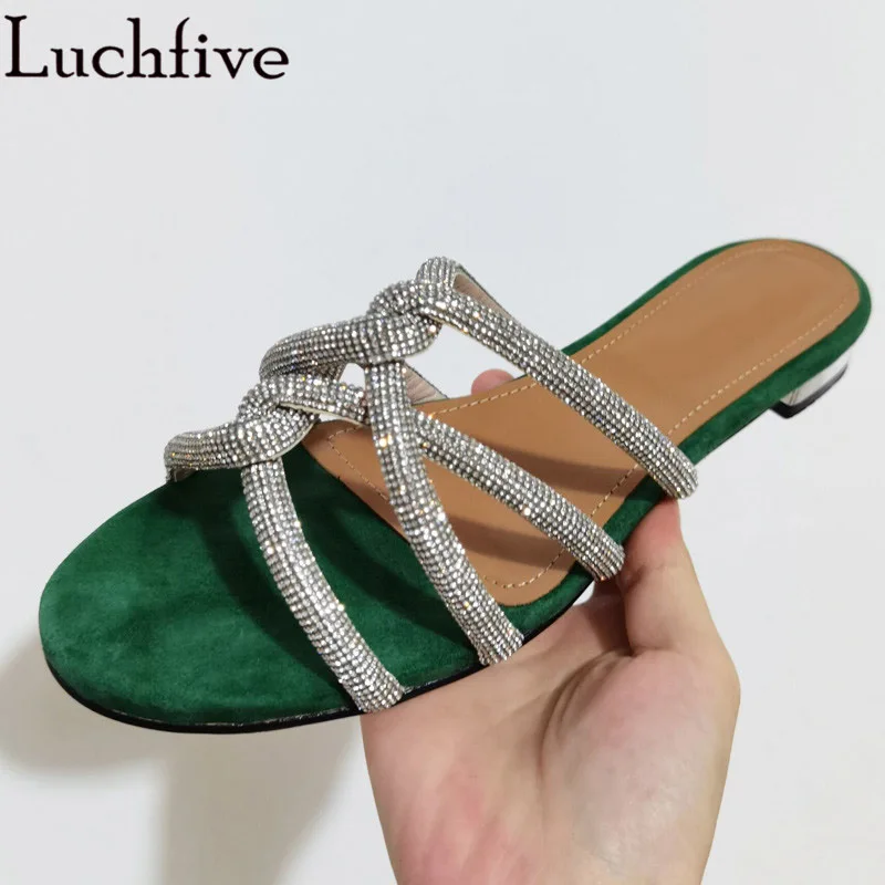 

Luxury Crystal Slippers Women's Bling Bling Open toe Flat Mules Summer Sexy Beach Party Shoes Mujer