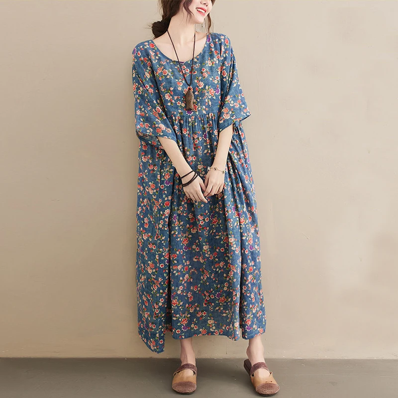 

Johnature Summer Floral Print Dress For Women 2024 New Loose Casual Loose Bohemian O-neck Blue Female Dresses