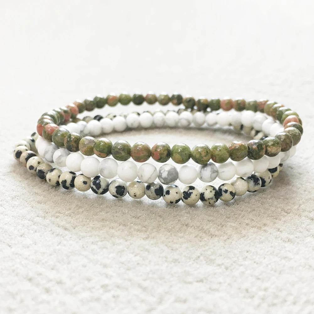 

MG0094 Wholesale Natural 4 MM Howlite Unakite Dalmatian Jasper Bracelet Set Womens Mini Gemstone Yoga Jewelry