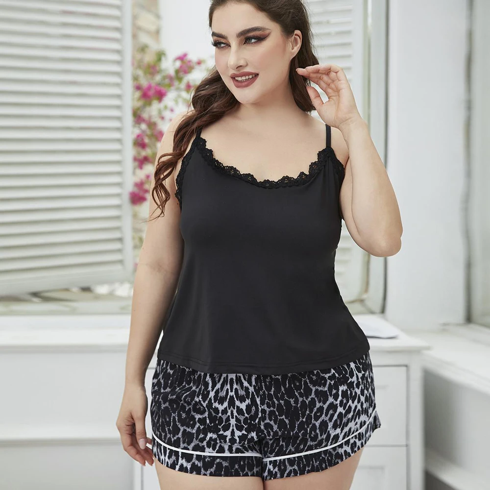 Mais tamanho 2 peça mulher definir camisola preto leopardo shorts feminino casa terno conjuntos de roupa de noite das mulheres com calças pano verão