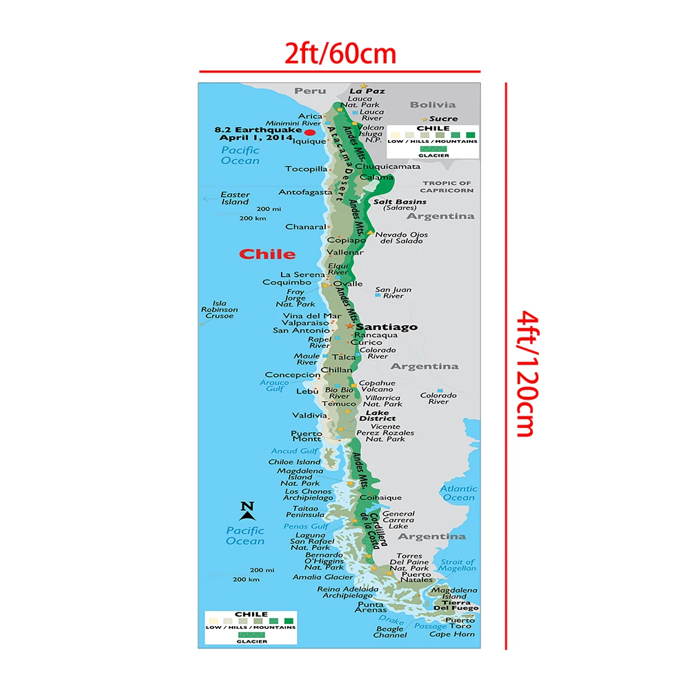 Mapa orográfico chilena de 60x120 cm, arte de parede, cartaz de pintura em tela, decoração para sala de estar, material escolar